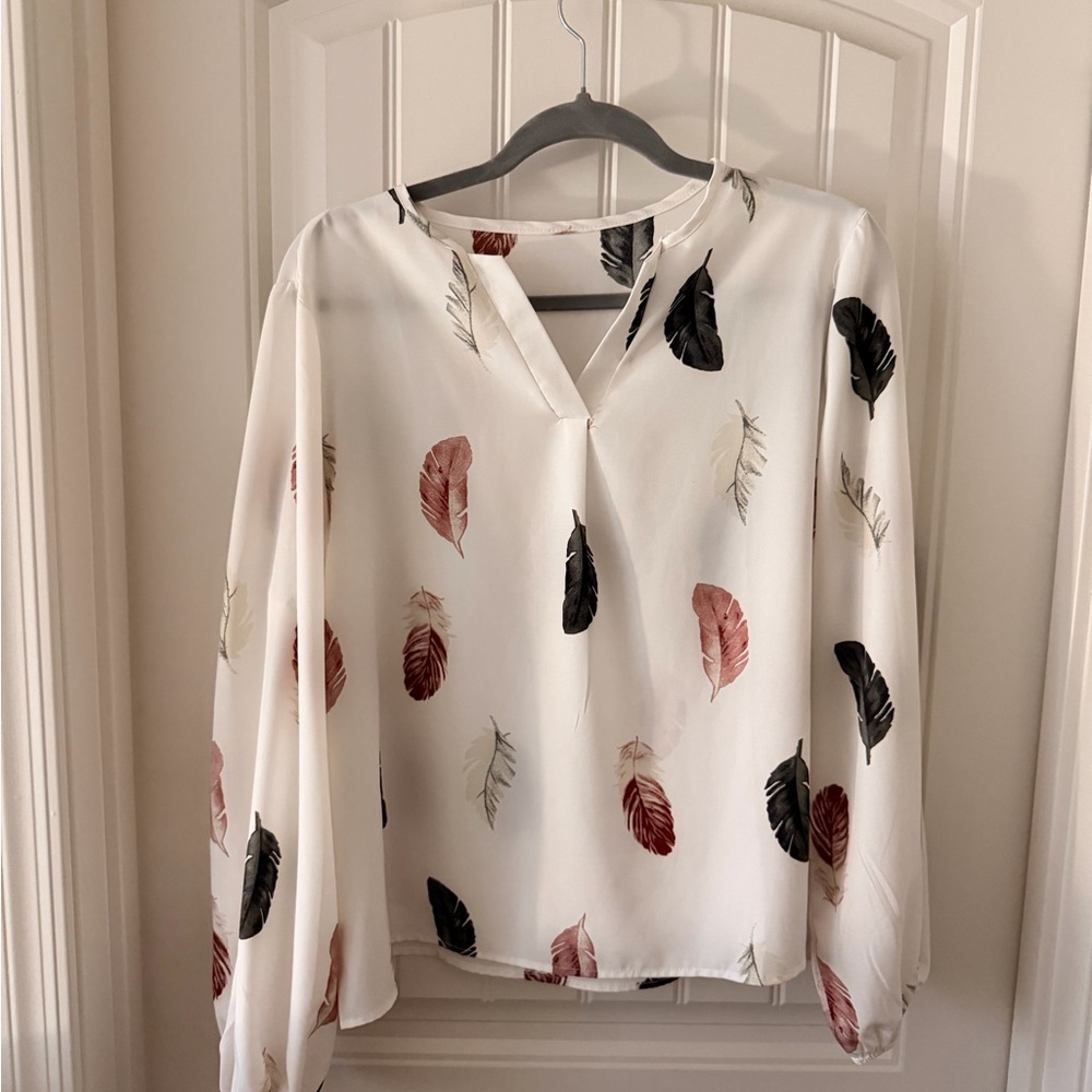 Chic Feather Print Blouse - White, Black, Red